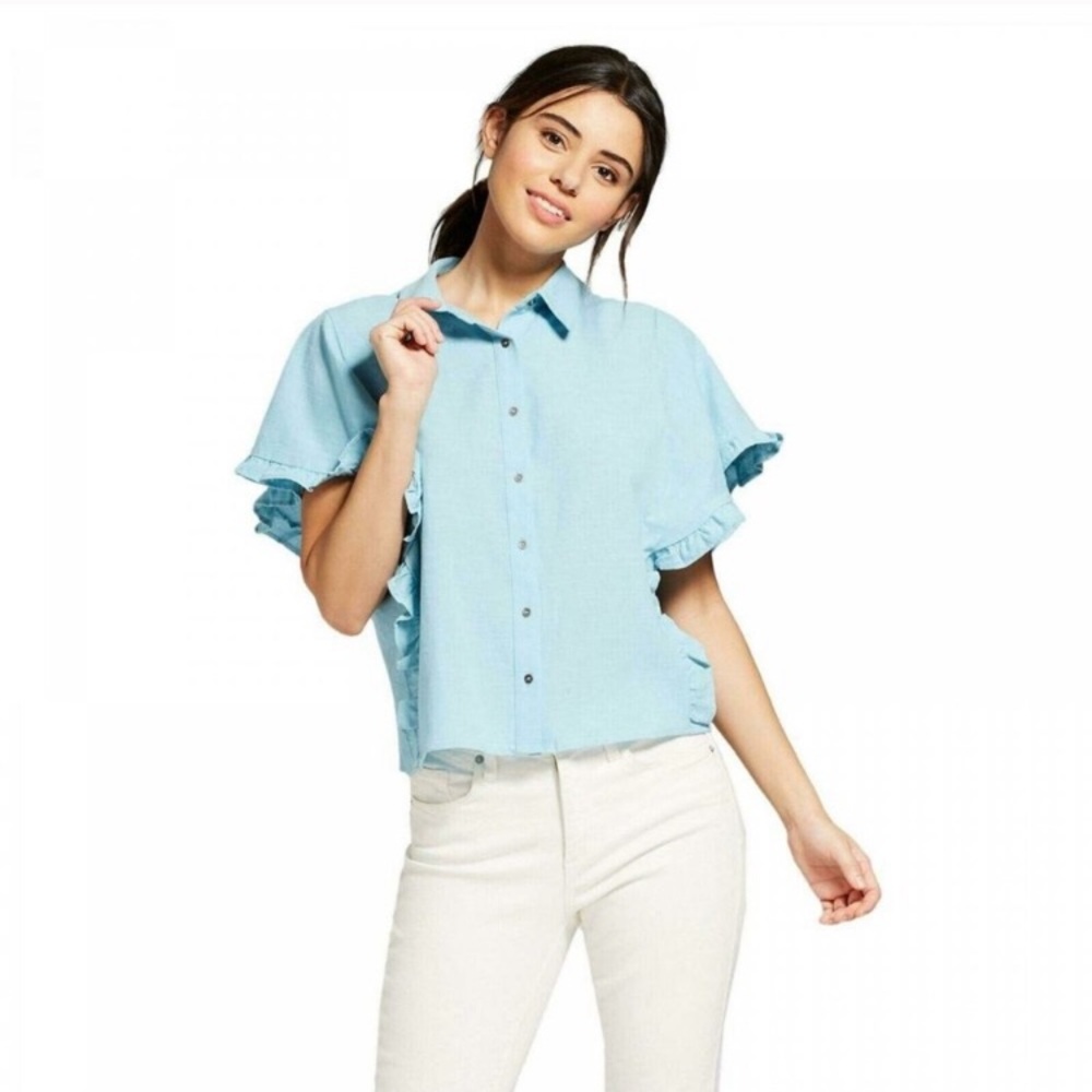 Madewell Light Blue Ruffle Sleeve Button-Up Top